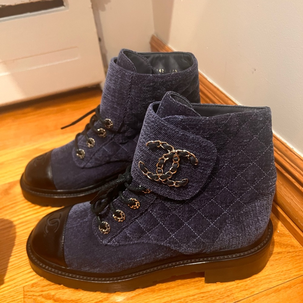 Chanel combat denim boots